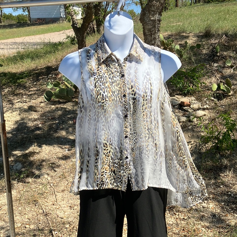 Linea Donatella Sleeveless Sheer Buttondown Blouse Sz Lg